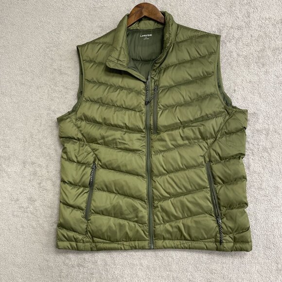 NEW Lands' End Men's L Packable Puffer Down Vest Smokey Olive Green Full Zip - Picture 1 of 9